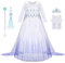 Aomig Elsa Princess Costume Kinder 6Pcs Prinzessin Dress Up for Girl Mädchen Kostüm Kleid mit Krone Ohrringe Perücke Handschuhe Halskette Fancy Dress Cosplay Party Halloween Role Play Masquerade 130cm