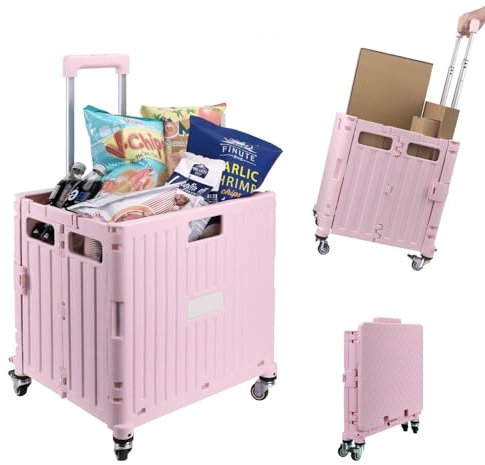 35 KG Folding Shopping Trolley with Lid | Collapsible Utility Cart for Storage, Laundry, Sports & Crafts | Portable Boot Cart Box with Telescopic Handle | Multipurpose Rolling Organiser (Pink)