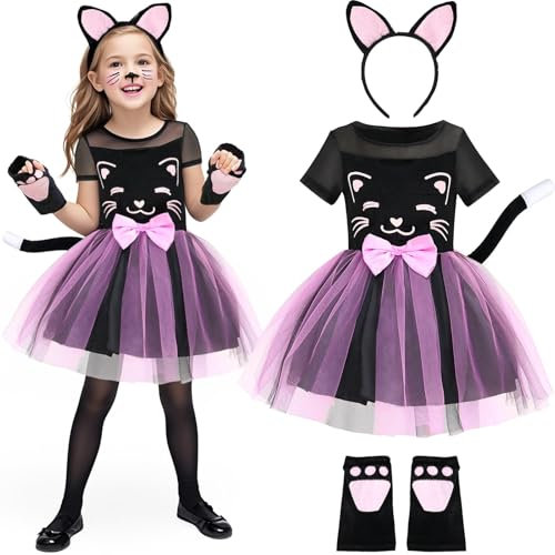 G.C Vestito Gatto Bambina Costume da Gatto con Orecchie di Gatto Cerchietto Coda di Gatto Guanti Set di Costumi Animale per Carnevale Halloween Natale Cosplay (130, 6-7 Anni)