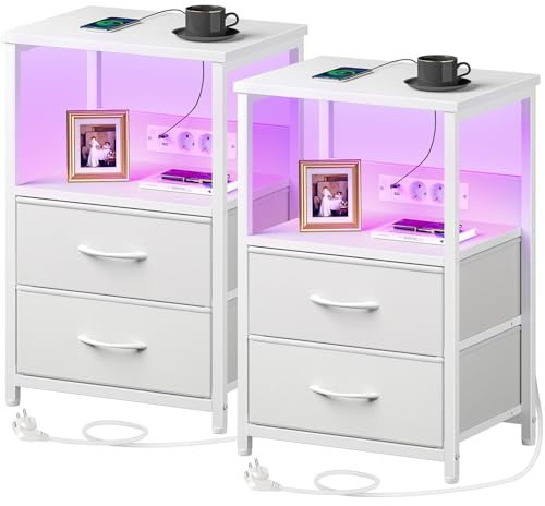 Rolanstar Mesitas de Noche con Función de Carga, Mesillas de Noche Dormitorio con Luces LED, 2 Cajones y 3 Niveles de Almacenamiento, Mesa de Cabeceira para Habitación, Blanco x 2