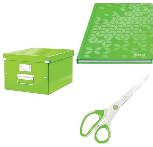 Leitz Set Click & Store Aufbewahrungsbox A4 mit Deckel Mittelgroß + Notizbuch A5 kariert + Titan Qualitätsschere, Transportbox aus 85% recycelter Premiumpappe, Grün, 60440054 + 46281054 + 53192054