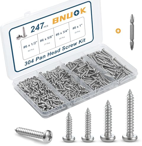 BNUOK 247Pcs Pan Head Wood Screws Assortment Kit, #6#8 Stainless Steel 304 Self Tapping Screws Set, Phillips Drive, Sheet Metal Screws