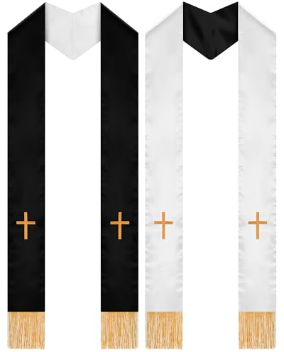 Eurzom 2 Pcs Reversible Clergy Stole with Cross Tassels, White,Black