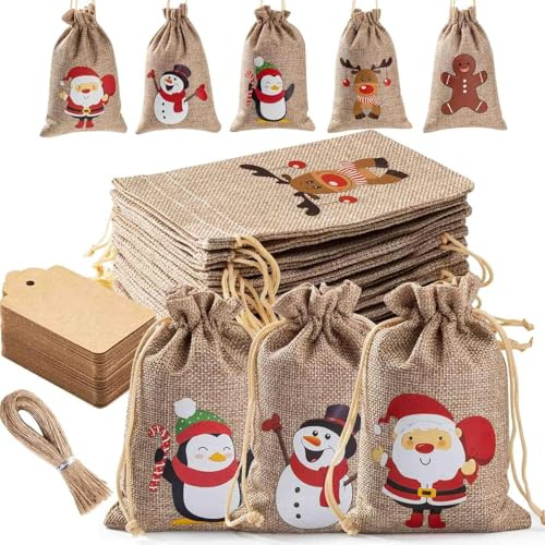 25 Stück Weihnachts Burlap Geschenktaschen mit Schnur und Tags - 10 x 15 cm Kleine kleine Geschenktaschen für Weihnachtssüßigkeiten und Weihnachtszubehör