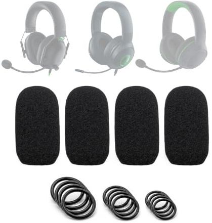 Voarmaks 4-Pack Mic Foam Covers for Razer BlackShark, Kaira, Kraken Headset | 12 O-Rings in 3 sizes, for BlackShark V2/V2 Pro/V2 X/V3, Kaira Pro, Kraken V3/V4