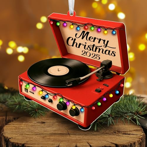 Retro Record Player Ornament 2025 – Acrylic Turntable Music Tree Decoration with Lights – Vintage Vinyl for Music Lovers, DJs, Audiophiles – Red Holiday Hanging Keepsake 4”