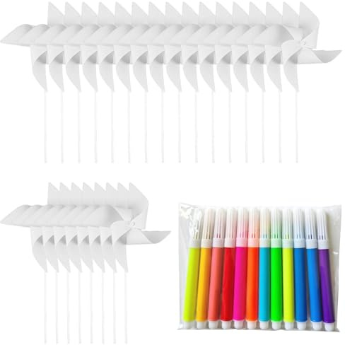Windmills for Children, 24PCS White Kids Windmill Spinners with 12PCS Multi-Color Watercolor Pens, Arts And Crafts for Kids Activities, Easter Basket Stuffers, School Work & Home Crafting