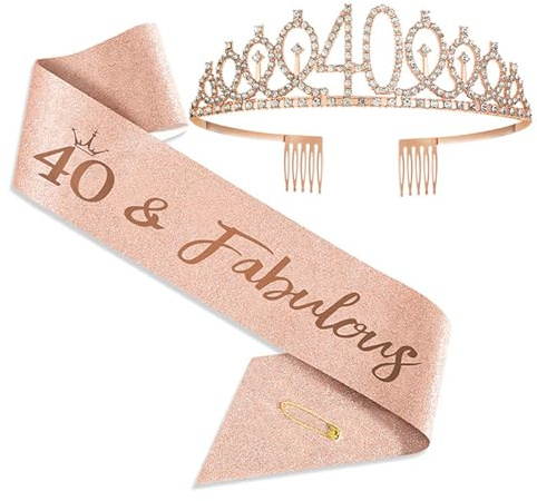 JOUWUI 40 Fabulous Sash and Rhinestone Tiara Set, 40th Rose Gold Birthday Rhinestone Crowns and Sash for Women, 40th Birthday Decorations for Her