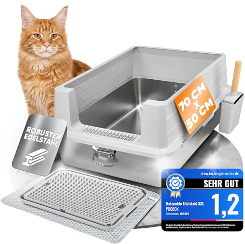 POOOX® Katzenklo Edelstahl, XXL, 70x50, grau für große Katzen, Zubehör