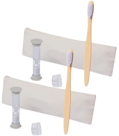Lot de 2 kits dentaires pour enfants avec brosse à dents en bambou avec capuchon de protection, mini sablier pour brossage et trousse en coton réutilisable pour hygiène quotidienne dans la salle de