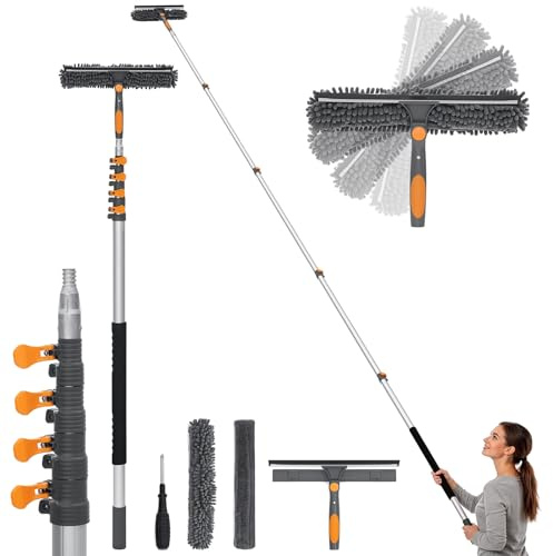 Bestnifly Window Cleaning Pole 19FT (5.8M), Extendable Telescopic Window Cleaner with 2-in-1 14 (35cm) Squeegee & Washer, Long Reach Tool for High Windows, Conservatory & Outdoor Glass