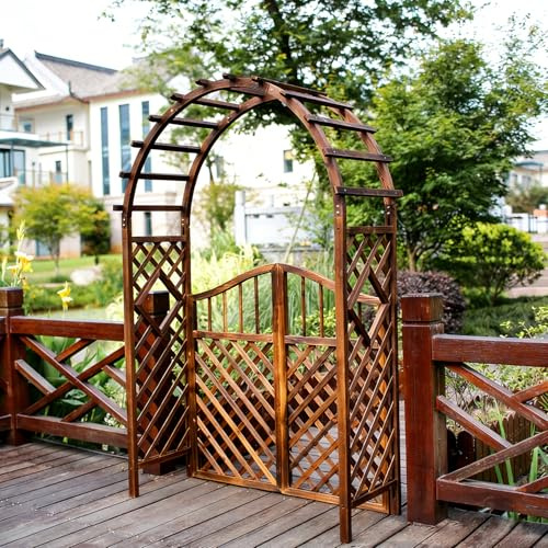 Rytgdxss Rosenbogen mit Tor Gartenbogen Holz als Torbogen & Spalier Vielseitige Rankhilfe (Rankgitter,Rankbogen) Halbbogen für Garten,Hochzeit(160x50x235cm-Torbogen und Tür)