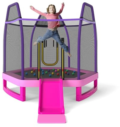 7 FT Kids Trampoline with Slide, 3 in 1 Recreational Trampoline with Galvanized Steel Frame & Safety Enclosure Net, Ladder, Indoor Outdoor Toddler Trampoline (Pink)