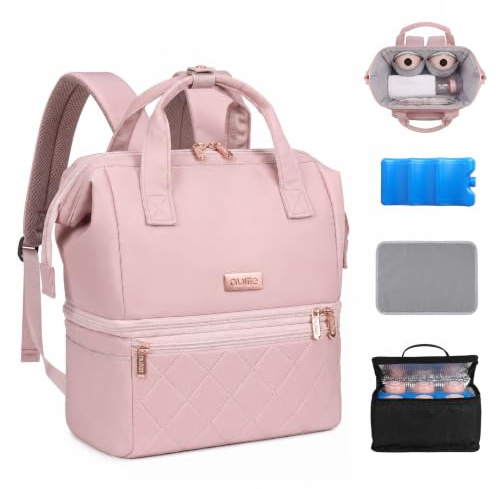 Nuliie Wearable Breast Pump Bag with Cooler Compartment, Double Layer Pumping Bag with Ice Pack, Breast Milk Cooler Travel Bag with Waterproof Mat, Fits 6 Baby Bottles up to 10 oz, Rose