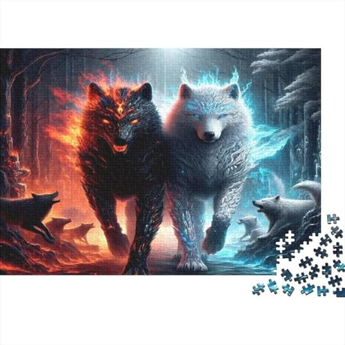 Fire Wolf Fantasy Recycled Board Puzzle Fire and Ice Wolves Stand Together for Adults and Kids Age 12 Years Great Gift 38x26cm/1000pcs