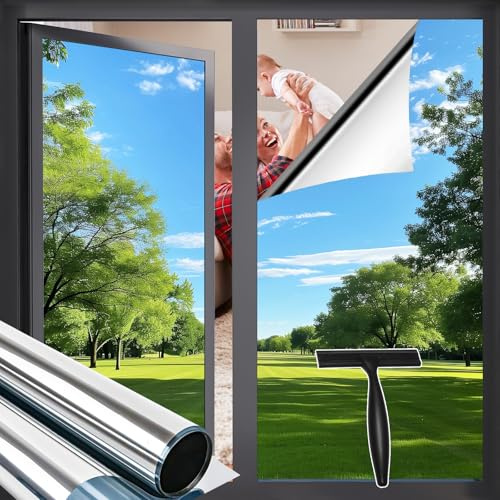 Zindoo Hitzeschutzfolie Fenster Spiegelfolie Sichtschutz Silber 119.5x200cm | Tagsüber Spiegeleffekt als Sichtschutz, reduziert Hitze, blockiert bis zu 97 % UV und inklusive Rakel & Cutter