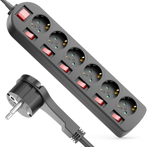 deleyCON Multiprise 6 Prises avec Fiche Plate - Interrupteur on/Off - Commutable Individuellement - 3,0m Câble - Bloc Multiprise Distributeur Rallonge Alimentation Usage Domestique 3680W - Noir