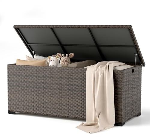 Amopatio 650L Gartenbox Auflagenbox wasserdicht, Kissenbox outdoor aus Polyrattan, Aufbewahrungsbox Metall mit Gasdruckfedern, Gartenkiste wetterfest für Garten, Balkon, (Braun)