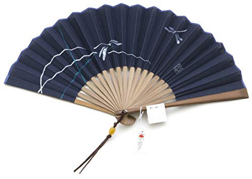 Maisendo Handfächer Kyoto Tonbo, Blau, Bambus Holz und japanische Baumwolle, Leinen Premium-Qualität ideal als Geschenk mit Stoff Etui und Geschenkbox