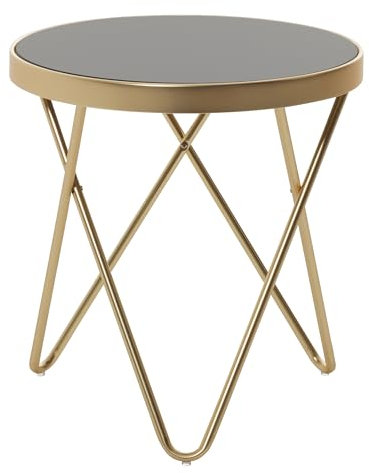 FineBuy Design Beistelltisch Parma 42 x 46 x 42 cm rund schwarz/Couchtisch matt Gold, Designer Glas Wohnzimmertisch modern, Glastisch mit Metallgestell, Kleiner Sofatisch