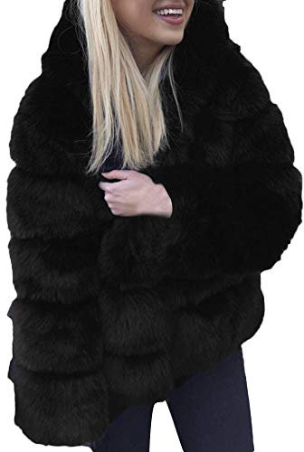 iHENGH Damen Herbst Winter Bequem Mantel Lässig Mode Jacke Frauen Faux nerz Winter mit Kapuze Neue kunstpelz Jacke warme Dicke Oberbekleidung Jacke(Schwarz, XL)
