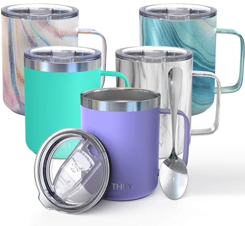 THILY Stainless Steel Insulated Coffee Mug 350 ml Triple-Insulated Travel Cup with Handle and Lid, Keep Coffee Cold, Powder Coated Travel Mug, Matte Lavender