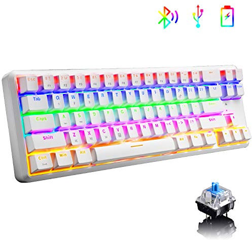 Teclado Bluetooth recargable con cable inalámbrico/inalámbrico de doble modo 60% mecánico azul interruptor 18 LED efectos de retroiluminación para juegos compacto 68 teclas tipo C teclas portátiles