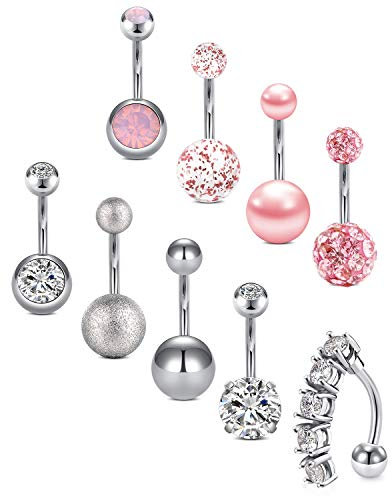 Crdifu Bauchnabelpiercing Set 10mm Chirurgenstahl Stein Perle Silber Rosa 14G Bauch Piercing Damen