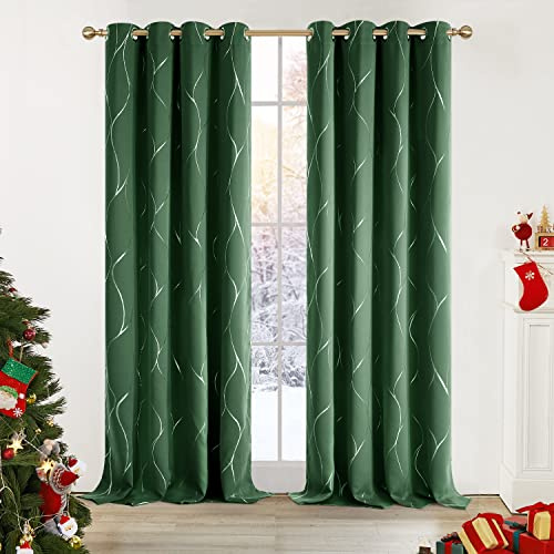 Deconovo Blackout Curtains Silver Wave Foil Printed Curtains Thermal Insulated Eyelet Curtains for Bedroom Dark Forest W55 x L114 One Pair