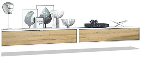 Vladon 2er-Set TV Board Lana 140, Made in Germany, Lowboards je 140 x 29 x 37 cm mit viel Stauraum, Korpus in Weiß matt, Fronten in Eiche Natur | Große Farbauswahl