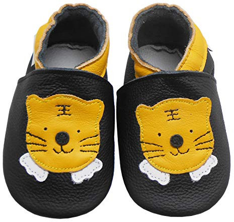 Bemesu Krabbelschuhe Baby Lauflernschuhe Jungen Mädchen Weiche Leder Lederpuschen Hausschuhe kleinkind Barfußschuhe Baby Sockenschuhe Babyschuhe Schwarz Tiger (L, 12-18 M, EU 21/22)