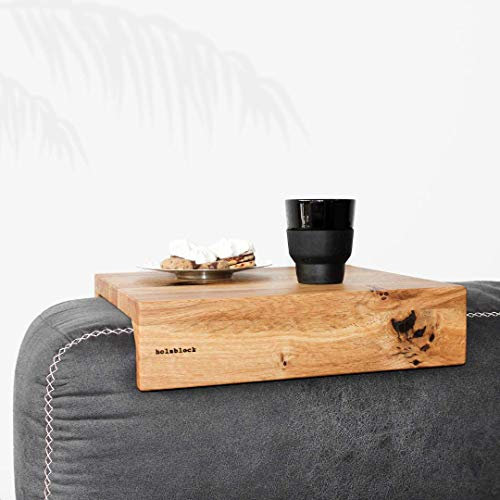 holzblock Coffy Premium Sofatablett Holz | Armlehnenablage Sofa-Butler | Couch Ablage | Getränkehalter für Kaffee & Tee | Holztablett Sofa | Couch Tablett aus Eiche, Nuss (Eiche, 24cm)