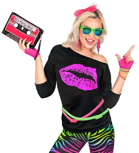 W WIDMANN MILANO Party Fashion - Damen Shirt 80er Jahre, Off-Shoulder, Retro Design für Karneval, Mottoparty & 80s Events