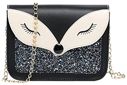 Hjkiopc Mädchenkette Minitasche,Kleine Mädchen rosa Kleine Tasche,Kleine Mädchenhandtasche,Mädchenhandtasche mit Großem Fassungsvermögen mit Abnehmbarer Kette(Fuchs-Schwarz)