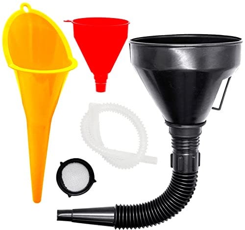 LONTOM 3 Pcs Right Angle Flexible Plastic Funnel Set, Universal Car Gasoline Fuel Funnel with Filter Detachable Spout and Long Mouth Funnels for Auto Oil Gasoline Petrol Diesel