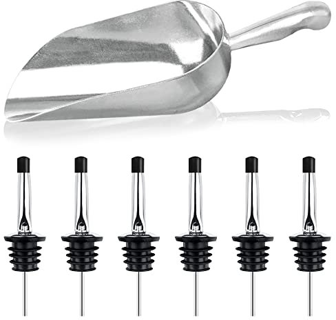 FineGood - Paletta per ghiaccio con 6 bottiglie in acciaio inox per cucchiaini da bar, bottiglia di liquore, beccuccio con tappi antipolvere