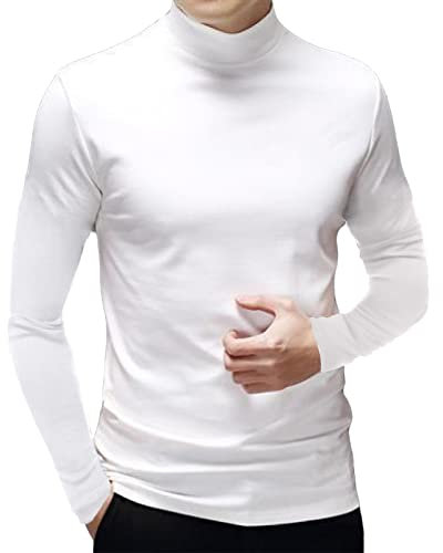 Mens Turtleneck Long Sleeve T Shirt Cotton Mock Neck Shirts Turtleneck Sweater Basic Stand Collar Tops White, XXL