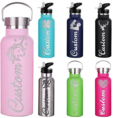 Busparst Botellas de Agua Personalizadas Aisladas con Pajita Botella de Agua Deportiva Grabada Personalizada con Nombre Botella de Agua de Acero Inoxidable Personalizada para NiñAs Y NiñOs