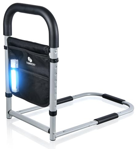 Bettgitter für ältere Menschen und Erwachsene, unterstützt Sicherheit für Senioren, Handgriff mit Aufbewahrungstasche, Patentstabilisator mit Befestigungsgurt, unterstützt bis zu 136 kg, Grau