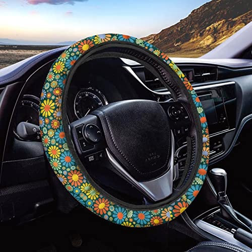 Xoenoiee Hippie Blume Lenkradbezug Autozubehör niedlich für Frauen Männer Mädchen Universal 15 Zoll Neopren Auto Innendekoration Anti-Rutsch-Auto LKW Schutz