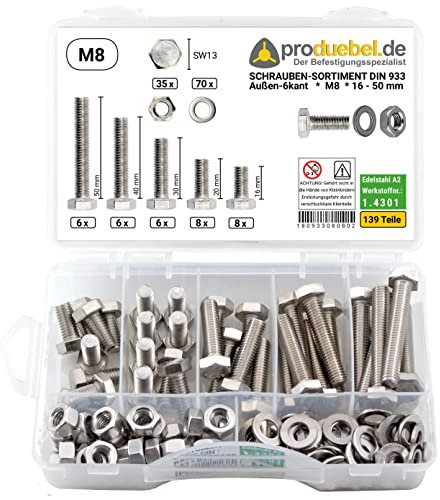 Basis Schrauben-Sortiment DIN 933 Edelstahl A2 V2A inkl. Mutter & Scheibe (DIN933+934+125) (M8 139 Teile)