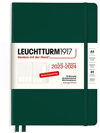 LEUCHTTURM1917 367546 Akademischer Wochenplaner Medium (A5) 2024, 18 Monate, Forest Green, Deutsch