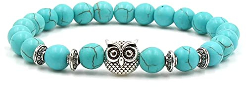 Gualiy Armband Naturstein Damen, 8mm Türkis Armband mit Helm Eule, Herren Armband Elastisch 19CM