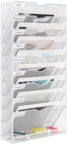 EasyPAG 10 Compartimento Metal A4 Soporte Documentos Pared Oficina Archivador de Pared Organizador Revistas Correo Pared Almacenamiento Archivos Revistero,Blanco