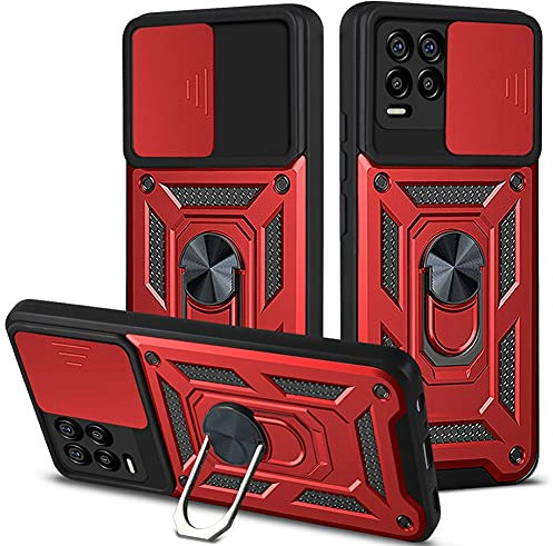 WBWONE Hülle für Realme 8 Pro | Realme 8 4G, TPU/PC Stoßfest Schutzhülle Handyhülle mit 360 ° Drehung Fingerring Stände Und Verschiebbare Kameraabdeckung, Rot