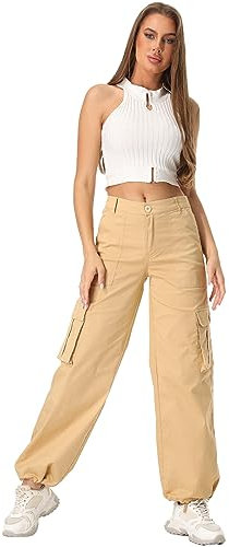 siyecaoo Hosen Damen Y2K Cargohose Leichte High Waist Hose mit weitem Bein Multi Taschen Baumwolle Wanderhose Jogginghose Freizeithose Khaki 2-Tag 32