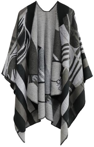 Shmily Girl Damen Poncho Habe Gestrickt Überdimensionalen Decke Kap-Schal (Pferd,Schwarz)