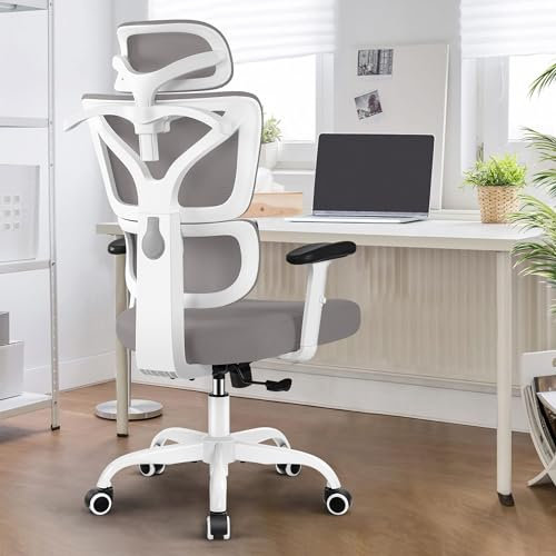 DoChair Bürostuhl Stretch Mesh Rückenlehne ergonomisch Schreibtischstuhl Verstellbarer Kopfstütze und Höhe Gaming Stuhl mit Aufhänger, Grau
