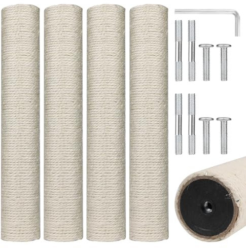 4pcs 11.8in Cat Scratching Post Replacement, Cat Tree & Tower Refill Scratch Pole Parts with M8 Install Screws Sisal Rope Kitten Furniture Protector (White)
