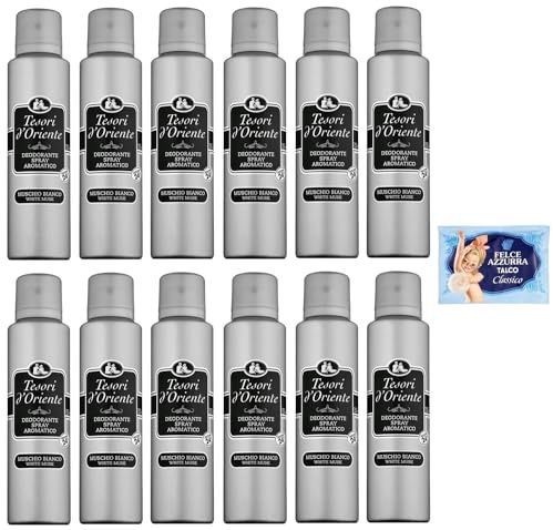12er-Pack Tesori d'Oriente Muschio Bianco Aromatisches Deodorant Spray Weißer Moschus,150ml + 1er-Pack Kostenlos Felce Azzurra Talkumpuder, 100g-Beutel
